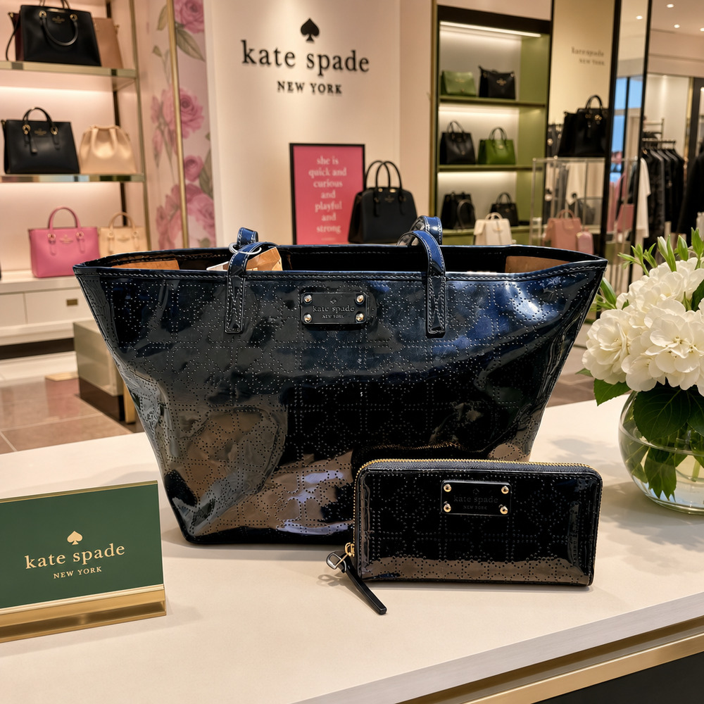Rare Matching Set:Kate Spade Harmony Perforated Heart Tote Bag & Neda Zip Wallet